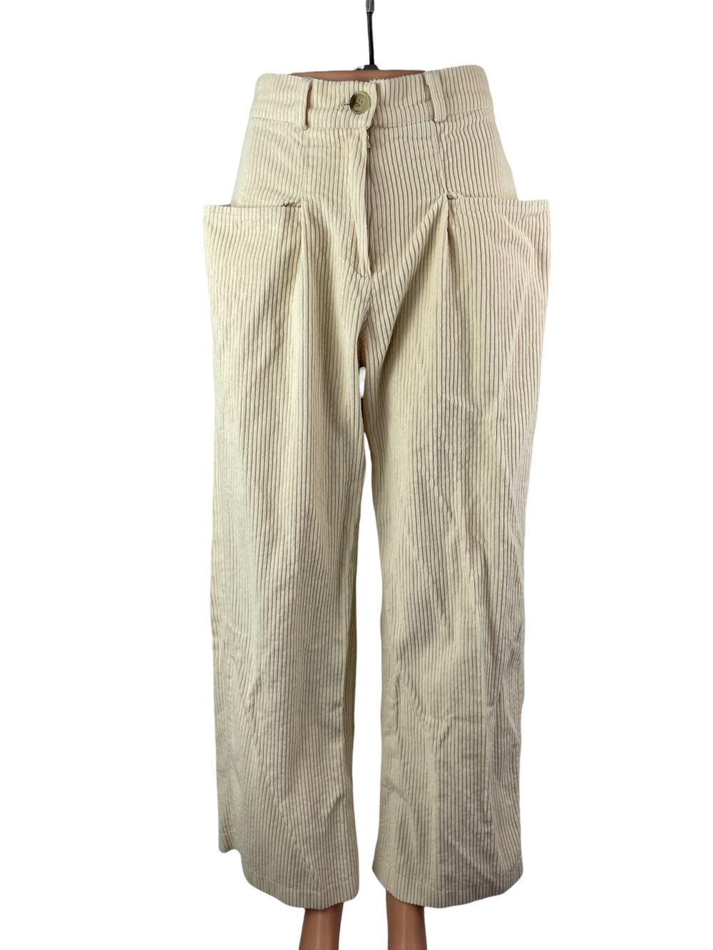 Zacro Women's Beige Corduroy High Rise Wide Leg Baggy Trousers Pants Size S